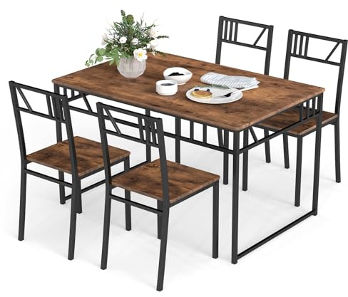 TANGZON Dining Table and 4 Chairs, 5 Pieces Wooden Kitchen Table and Chairs Set 4 with Backrest, Metal Frame Space Saving Dining Set Furniture for Home Living Room Restaurant Bistro (Rustic Brown)