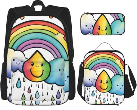 OXKGHHO Rainbow Clouds Raindrop Print - Mochila de trabajo con lonchera aislada, correas ajustables, para gimnasio y uso diario, Negro -, Talla única