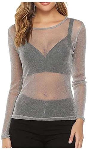 Longra Women's Mesh Top Long Sleeve Sheer Tops Crew Neck Transparent T-Shirt Sexy Slim Fit Sheer Mesh Tops for Women UK Black See Through Blouse for Party Clubwear (Grey, M)