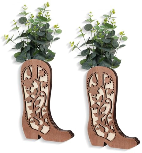 Havawish 2 Pcs Western Wall Decor Wood Cowboy Boots Wall Planter for Indoor Plants 12 x 8'' Western Boot Flower Hanging Vase for Flower Faux Rustic Home Decor for Bathroom Bedroom(Cute Style)