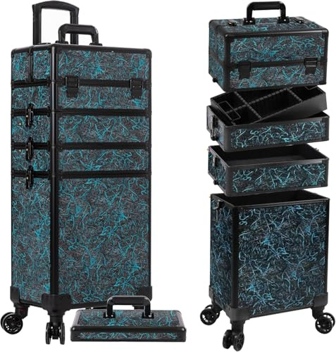 Arous rullande makeup tågfodral 5 i 1 kosmetisk vagn organiserare resa låsbar salong frisörvagn bagageutrymme med hjul för kvinnor frisör konstnär trave spik, BLÅ, 5 i 1 rullande makeupfodral
