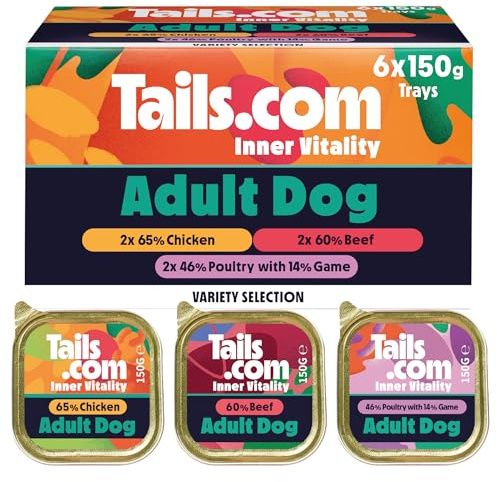 Tails.com • Wet Dog Food 6 x 150g • Variety Multipack 65% Chicken, 60% Beef and 60% Poultry & Game • Adult 1-7 years • Grain Free Recipes • Made with natural ingredients