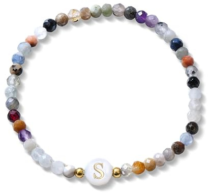 BodyBonita Braccialetti con Iniziale in Pietra Naturale - Elastico Bracciali Personalizzati in Madreperla Sintetica con Lettere S per Donna e Uomo