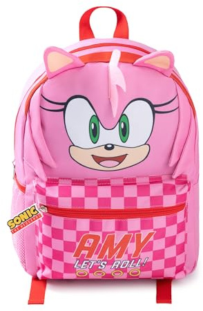 Sonic The Hedgehog Kids Pink 3D Amy the Hedgehog Ryggsäck | Karaktär skolväska med Amy Let's Roll! Text | Dragkedja | Bärväska för böcker & lunchlådor | Sonic Merch ryggsäck
