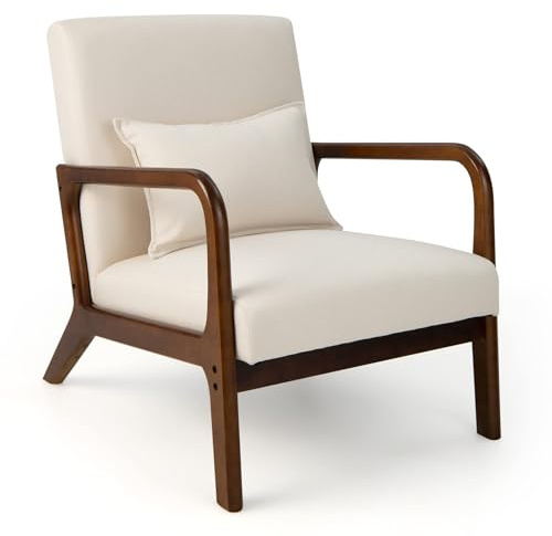 FANTASK Poltrona moderna divano singolo in legno con braccioli, poltrona lounge imbottita per soggiorno, camera da letto, 65 x 79 x 77 cm, beige
