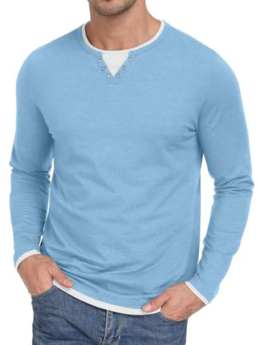 Hisir T-shirt pour homme Henley en coton à manches longues, coupe régulière, design contrasté par couches, T-shirts décontractés pour l'automne et l'hiver, bleu clair, S