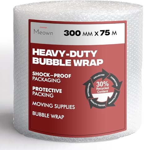 Meown Bubble Wrap Roll 300mm × 75m – Small Bubble (10mm) Protective Packaging for Moving House, Packing Boxes, Storage & Shipping | Lightweight Cushioning Wrap for Fragile Items & Parcels