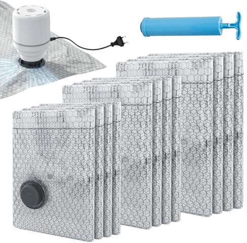 12 x vakuumpåsar för kläder med elektrisk luftpump, 4 x 40 x 50 cm, 4 x 40 x 60 cm, 4 x 50 x 60 cm återanvändbara vakuumpåsar för kläder resor, kuddar täcken förvaring