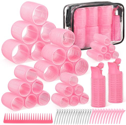 64 PCS Travel Hair Rollers Set for Women - 5 Sizes Self Grip Curlers with 2 Volumizing Roller Clips, 30 Pcs Clips & Comb in Portable Makeup Bag for Long/Medium/Short Hair & Bangs, Pink