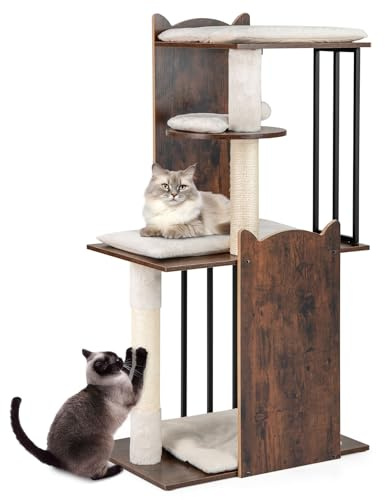 GYMAX Árbol Rascador para Gatos de Madera 112 cm, Torre para Mascotas de 4 Niveles con 4 Plataformas Diferentes, Rascador de Sisal y 2 Bolas Colgantes, Centro de Actividades con Cojines Extraíbles