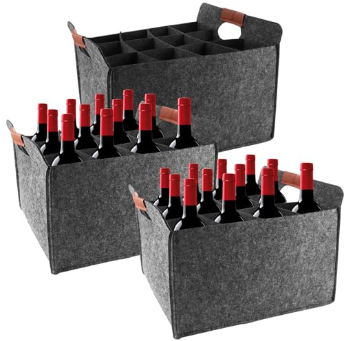 WOPPLXY 3 Stück Flaschenträger 12 Flaschen, 37 x 32 x 22 cm Faltbare Flaschenkorb Grau, Flaschentasche 12 Flaschen aus Filz für Camping Picknick und Weinflaschen