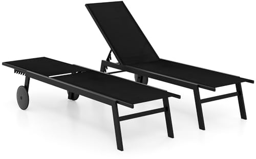 COSTWAY Lettino Prendisole da Giardino, Sdraio da Patio con Schienale Regolabile a 6 Posizioni, Tessuto Traspirante, 2 Ruote, per Piscina, Terrazza e Giardino, Portata 150 kg (Nero,2)