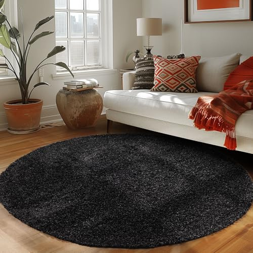 Carpettex Hochflor Teppich 120 cm Rund Anthrazit - Flauschiger Extra Weich und Pflegeleicht - Shaggy Modern Einfarbig Design für Wohnzimmer, Schlafzimmer, Esszimmer und Küche