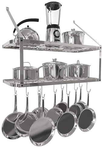 Vdomus Hanging Pot und Pan Rack - Wand montiertes Hang -Topfregal für Küchenlager und Organisation - Silber 2 -tierende Wandregal für Töpfe und Pfannenaufbewahrung