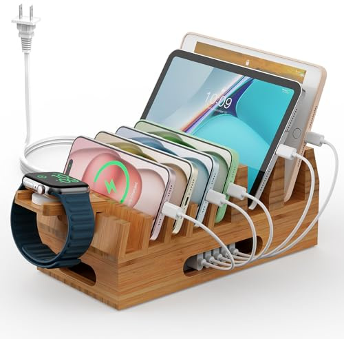 Pezin & Hulin Bambus Ladestation Halter mit 5 Port USB Ladegerät, 5 x Ladekabel, Uhrenständer, Holz Dockingständer Elektronischer Organizer für mehrere Geräte, Handys, Tablets und mehr