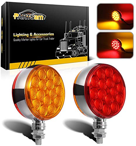 Partsam 2pc 3 Round Double Face Red/Amber 30 LED Pedestal Fender Lights Turn Signal Chrome Miro-reflex Sealed Replacement for Peterbilt/Freightliner/Western Star Trucks Semi Trailers, 10-30V