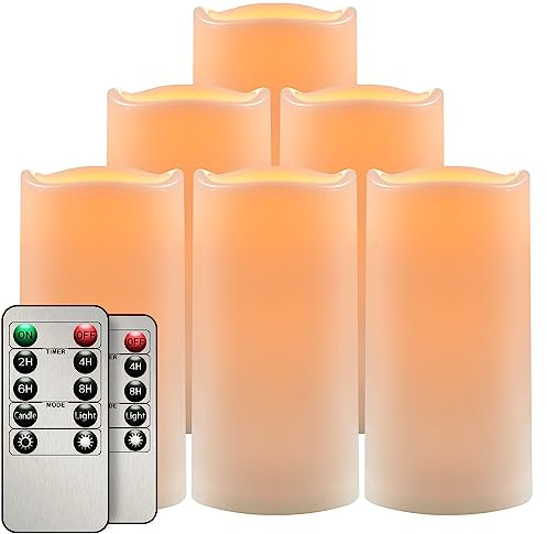 salipt LED Kerzen mit Timer, LED Kerze Batteriebetrieben Flackernde Flamme, Durchmesser 7.6 cm Flammenlose Kerzen Outdoor Wasserdicht, 6er-Set Weiß, Höhe 10.2 12.7 15.3 17.8 cm