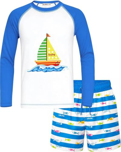 weVSwe Toddler Boys UPF 50+ UV Proction Rash Guard Set Swim Trunks Long Sleeve Swimsuits Woven Swim Shorts Boardshorts Blue White 4 Years