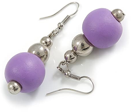 Pendientes de gota de madera y acrílico plata barnizada violeta lila - 55mm L plástico madera, Plástico Madera