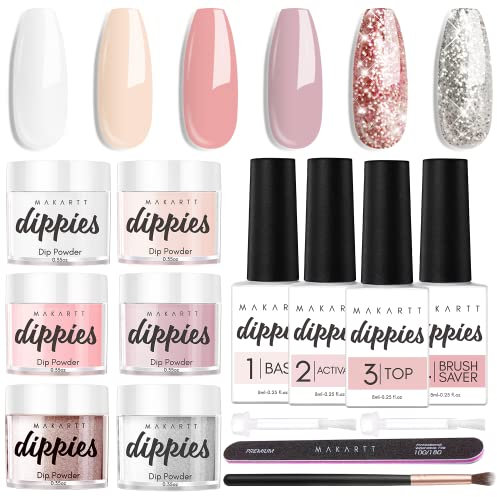Makartt Dippies Tauchpulvernagel Kit, Tauchpulver-Starter-Kit 0,35 oz 6 Farben Rosa Nackt Dip-Nail-Kit Französisch Nagel Dip-Pulver Bausatz Keine Notwendigkeit Nagellampe Ausgehärtet