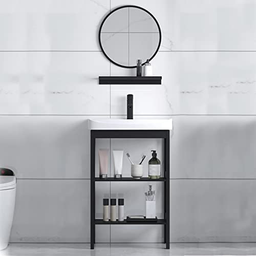 Waschbecken Waschtisch aus Keramik mit Wandspiegel rund,Handwaschbecken Spülbecken Waschschale Freistehend Waschplatz Keramikwaschbecken Becken Kitchen Sink Spültisch Standwaschbecken Küchenspüle