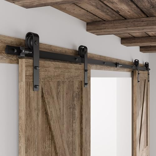 Schiebetürbeschlag Doppeltür 224cm Schiebetüren Schiebetürsystem Komplettset Laufschiene Rollen Set Schwarz für 2 Holztür 56cm Breit, Kleine Rolle in J-Form
