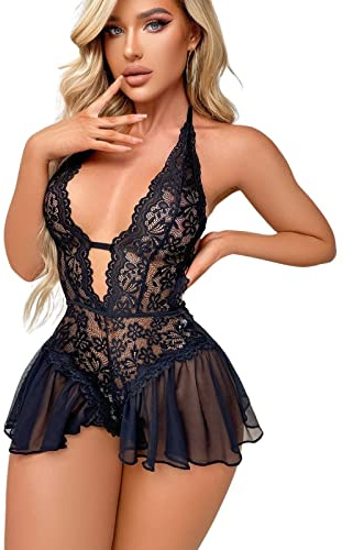Body Lencería Picardias Encaje Sexy Mujer, Bodysuit Babydoll Cordones Halter,Camisón Transparente,Ropa Interior Malla Cuello V,Mini Vestido Hueco Ropa Dormir Una Pieza de San Valentín (Negro)