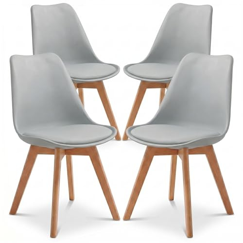 Bravich Set Of 4 Rocco Dining Chairs- Silver. Faux Leather Upholstered Dining Chair With Natural Wooden Legs, Cushion Pad Seat & Back Support For Kitchen Table- 42 x 42 x 81cm.
