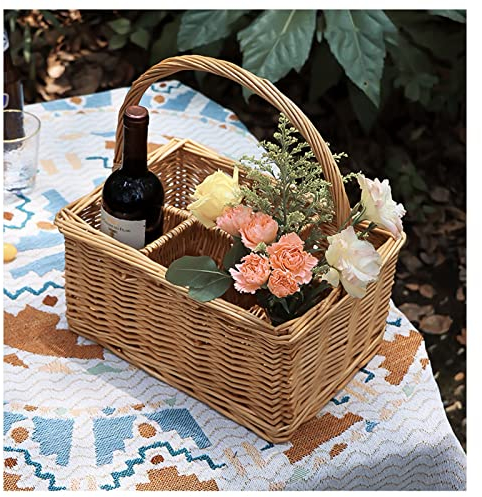 Tragbarer Picknickkorb aus Weidengeflecht mit stabilem Griff, mit 6 Ablagefächern, Leichter Lebensmittel- und Getränkekorb, für Outdoor-, Familien-, Camping-Picknick (39,5 x 34 x 23,5 cm)
