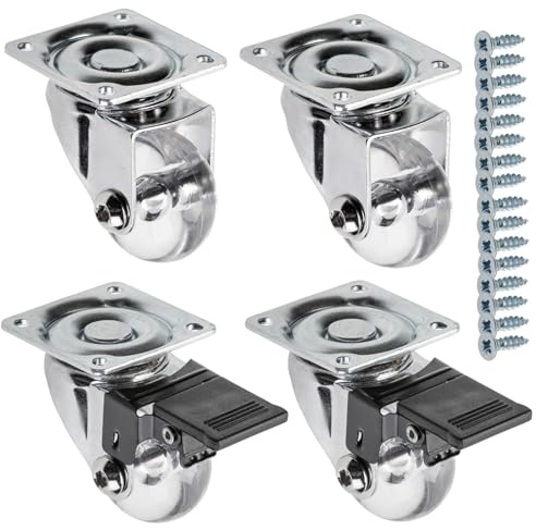 GTV - Ruote per mobili BRAZIL, ruote girevoli, set di 4 ruote per mobili: 2 ruote con freno, 2 senza freno, in acciaio e gomma, +16 viti coniche 4 x 17, diametro: 35 mm, colore: trasparente