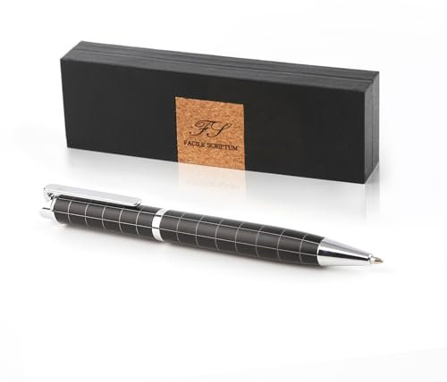 Facile Scriptum | Hochwertiger Premium Dreh-Kugelschreiber aus Metall mit schöner Geschenkbox | Modell Ventus Schwarz | Schwarz Kariert und Silber