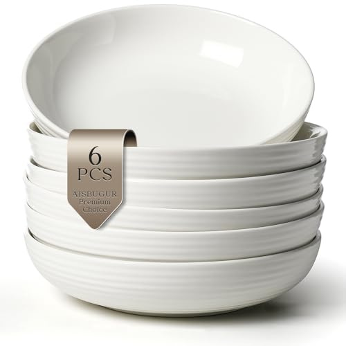 AISBUGUR Pasta Bowls, 38oz Ceramic Pasta Plates Set of 6, 8.7 Salad Bowls Serving Bowls, White Blates for Eating, Wide and Shallow Bowls Plates for Serving Dinner, Microwave Dishwasher Safe