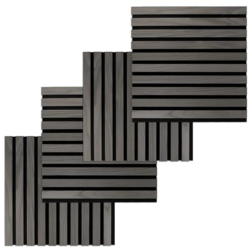 PROVISTON Lot de 4 panneaux muraux acoustiques 3D - 400 x 400 x 21 mm - Lamelles en bois MDF plaquées - Couleur chêne foncé - Dessous en feutre comme matériau de support