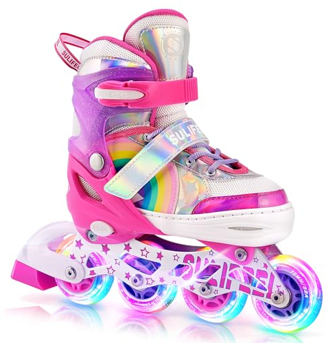 SULIFEEL Rainbow Unicorn Verstellbare Schwarz Rollschuhe für Kinder mit Leuchtenden Rädern für Jungen