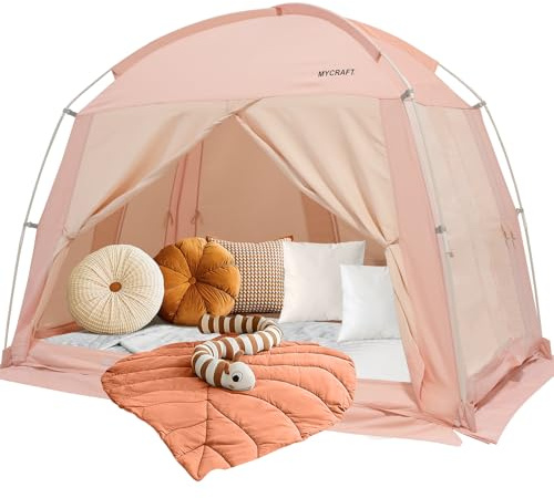 Bed Tents Canopy Bed–Privacy Dream Tent for Cozy Indoor Sleeping, Light-Reducing,and Breathable, with 4 Doors Floor Tent Bed–Available in Twin, Full, and Queen Sizes (Pink, Queen)