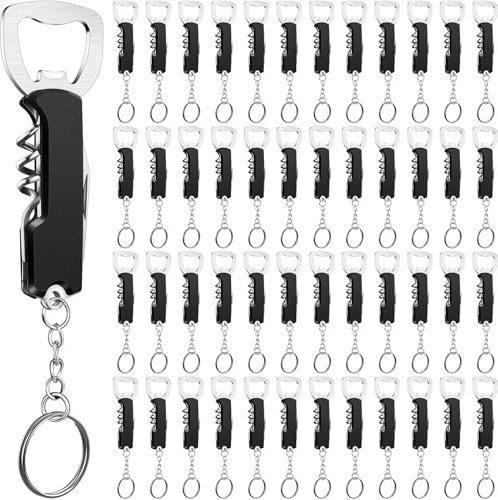 Ziliny 48 apribottiglie per vino, birra, con portachiavi, 8,3 cm, cavatappi in acciaio inox, cavatappi da cameriere, apribottiglie, per bar, ristoranti, bevande, feste a casa (nero)