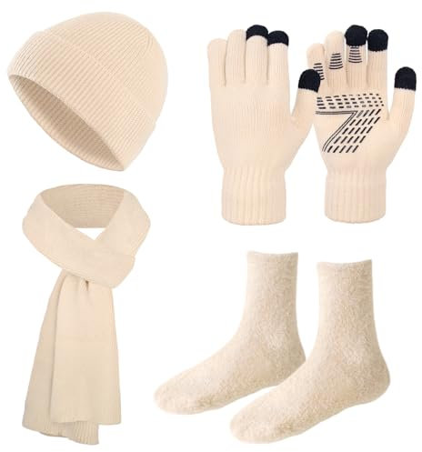 GEEKEO Mütze, Schal & Handschuh-Sets für Damen mit Kuschelsocken Wichtelgeschenke für Frauen, Winter Beanie Mütze Schal Set Damen mit Touchscreen Handschuhe Geschenke für Frauen Teenager Mädchen