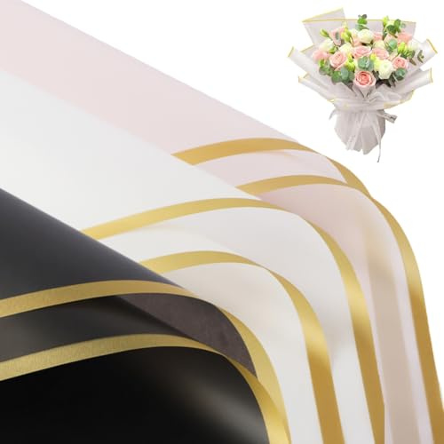 FOXOGO 30 Blatt Blumenstrauß Papier, Blumenpapier mit Goldrand, Wasserdichtes Blumen Papier 58 x 58 cm für Floristenbedarf, Verpackung, Hochzeit, Geburtstagsgeschenk (Schwarz Weiß Rosa)