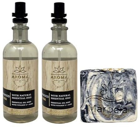 Bath & Body Works Aroma Cedarwood Sauna 2 Pack Essential Oil Mist Bundle with a Charcoal Scrub Bar Soap