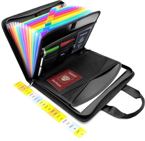 NVGFTG Feuerfester Fächermappe A4, Tragbarer Dokumentenmappe A4 mit Griff, 12 Fächern, Feuerfeste Dokumententasche mit Reißverschluss, Etiketten, für Büro, Hause, Schule