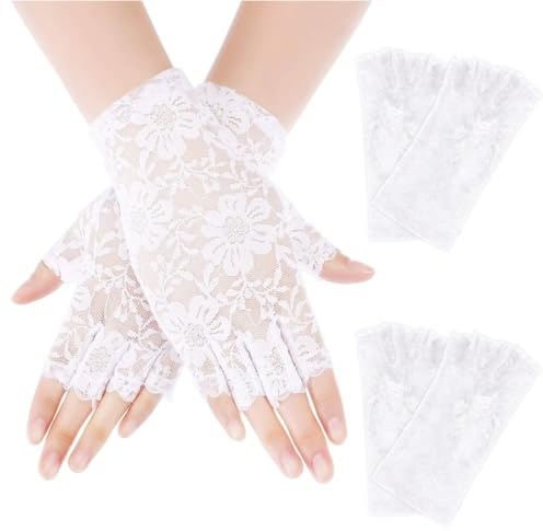 BORISCA 2 Pairs of Lace Fingerless Gloves for Women, Half Finger White Halloween Fingerless Lace Gloves, Breathable Tea Party Style White Short Lace Gloves for Formal Opera House Wedding Dinner