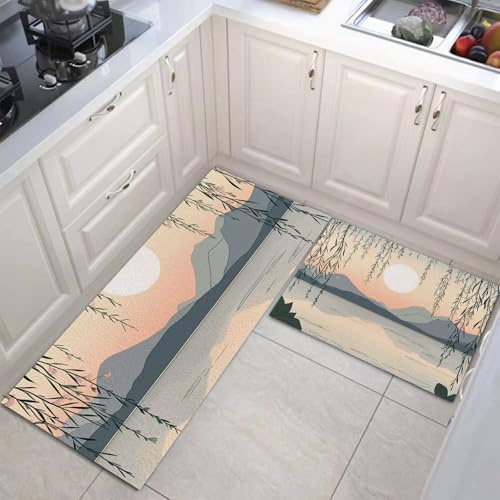 MULERN Lavabile Tappetini Da Cucina, Tappeti Da Cucina Antiscivolo Il Salice Parte All'Alba, Passatoia Corridoio Facile Da Pulire, Paesaggio Astratto Durevole Tappetino Per Cucina,Soggiorno,Ufficio