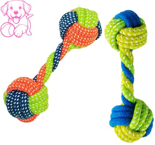 Generico Pacco 2 PZ Gioco Corda Cane taglia PICCOLA o MEDIA,Palla Forma Sferica, Resistente Intrecciata Anti Stress, Attività Motoria Esercizi Tirare, Cura Igiene Denti Gengive (13 Cm, DOPPIA CORDA)