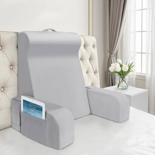 Reading Pillow for Sitting in Bed Couch Adult, Extra Large Bed Backrest Pillow with Detachable Arm Support and Pockets, Adult Back Cushions Chair for Rest, Reading, Watching TV, Grey (L-Standard)