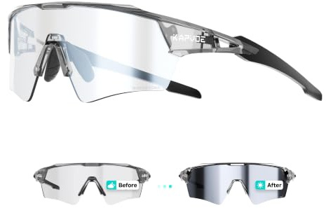 KAPVOE Fahrradbrille Selbsttönend für Herren Damen Photochrome Sport Sonnenbrille Klar Rennrad Brille TR90 Rahmen Schnelle Brille Radfahren MTB Radbrille UV400 Schutz Sportbrille für Laufen Silber