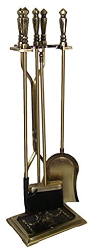 Kaminbesteck im Vintage-Stil, 5-teilig, mit Schaufel, Besen, Schürhaken, Zange und Ständer, antikes Messing-Finish