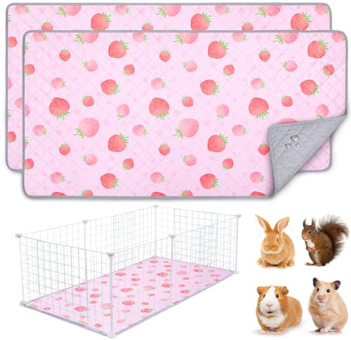 BeBeJoJo 2 Pack Wiederverwendbare Unterlage für Meerschweinchen,Waschbar,Kleintier Matten für Kaninchen,Hamster,Strawberry Print Pink,120x60CM | Waschbare Kleintiermatte für Meerschweinchen, Kaninchen und Hamster, wiederverwendbar und Pflegeleicht