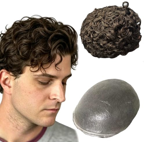 NLW Echthaar Toupet Männer 0.04mm Dünne PU,10mm Afro-Locken #4 Hellbraun | V-Loop PU Super Dünn Haut Haarsystem doppelten Knoten 100% Echthaar Haarsystem Mann 120% Haardichte 8x10 Zoll