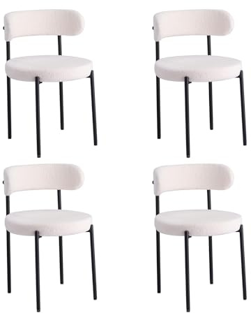 EGOONM 4er Set Mid Century Modern Esszimmerstühle (Teddy-Stoff), Gepolsterte Küchenstühle mit Schwarzen Metallbeinen für Esszimmer, Wohnzimmer, Schlafzimmer, etc. (Weiß)