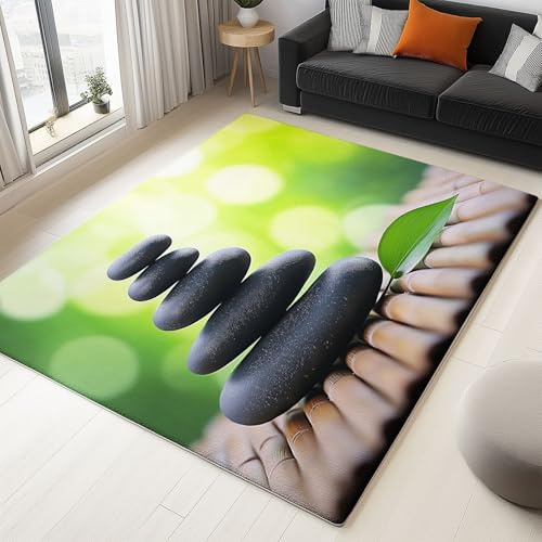 Generisch Grün Wohnzimmer Teppich - 160x230 cm Bambusmatte Stein Blatt Drucken Teppich, Waschbarer Rutschfester Kurzflor Wohnzimmerteppiche für Schlafzimmer Esszimmer Kinderzimmer Büro